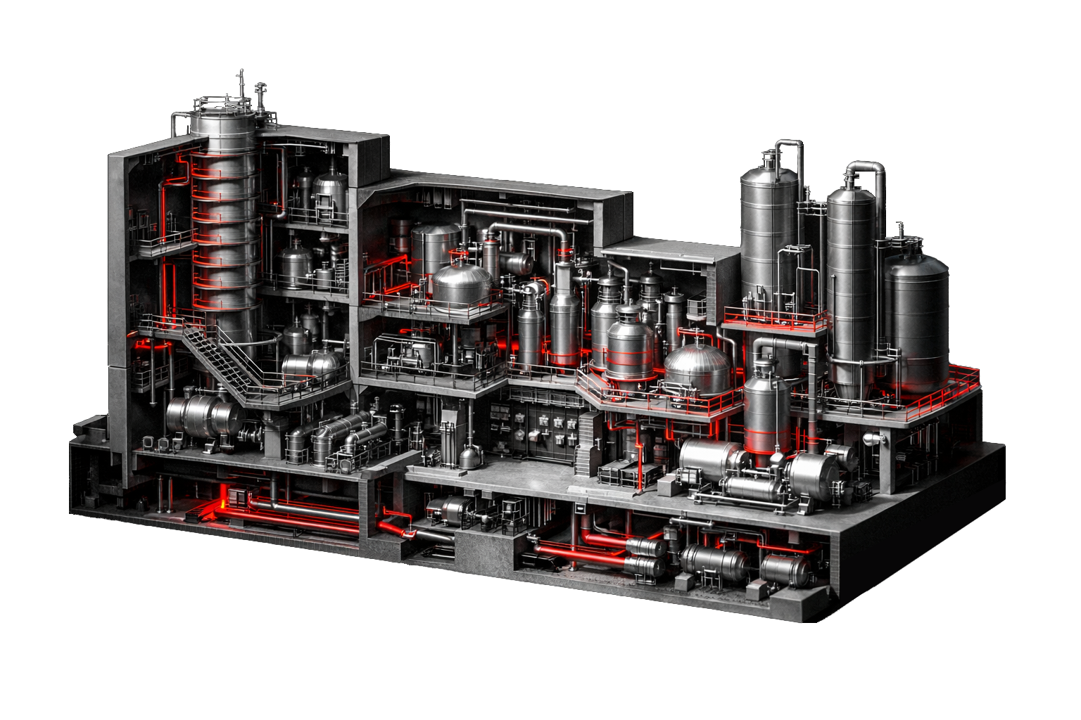 3D industrial plant model showing process engineering systems, piping, and equipment layout